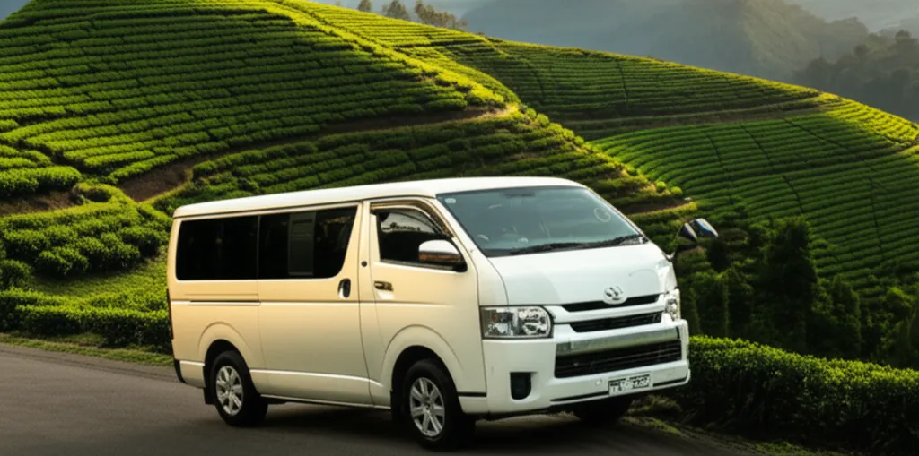 Chauffeur-driven passenger van travelling through the Sri Lankan hill country